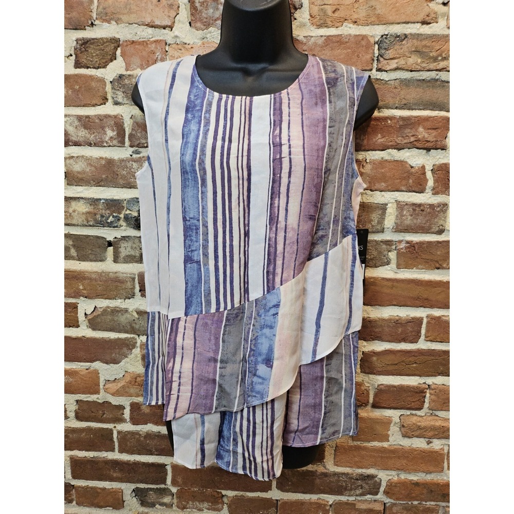 NWT Nic + Zoe Colorful Striped Silk Blend Angled Hi Low Hem Sleeveless Blouse XS